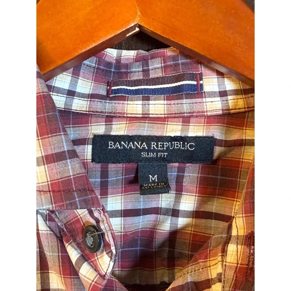 Banana Republic Mens Slim Western Shirt M Red Plaid Stretch Pearl Snap Cotton